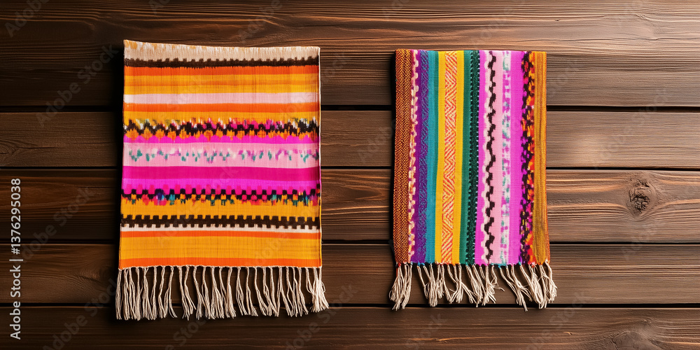 Poster colorful woven blankets arranged on rustic wooden background highlight intricate patterns. cozy text