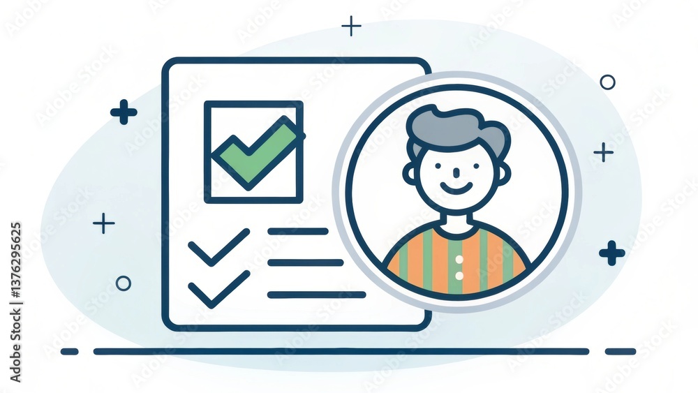 Poster a smiling character with a checklist, representing successful completion and personal achievement.