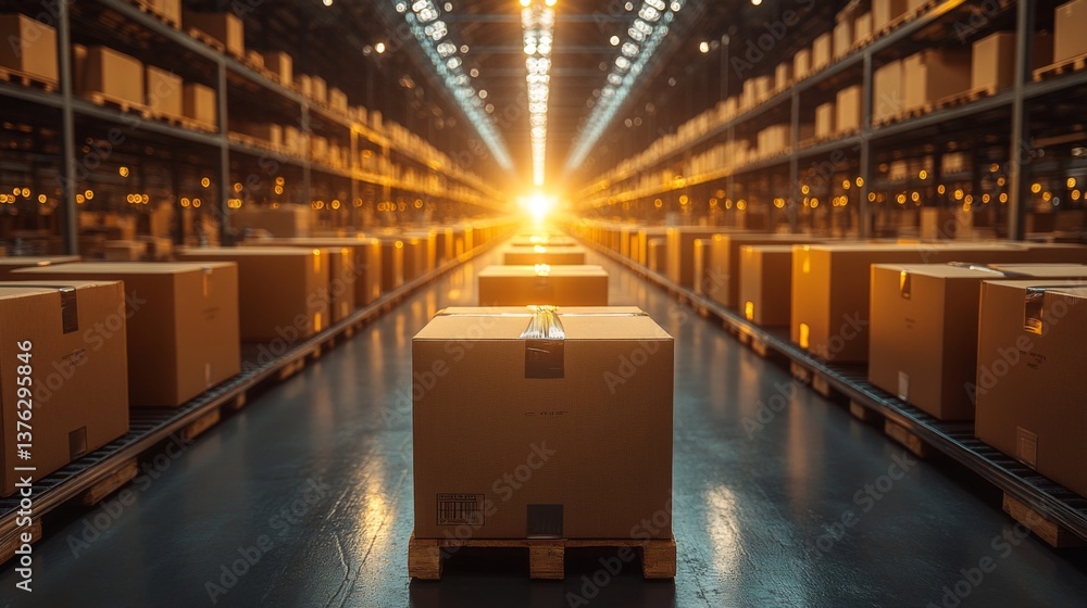 Poster pallets stacked with cardboard boxes stretch across a spacious warehouse as the sun sets, creating a