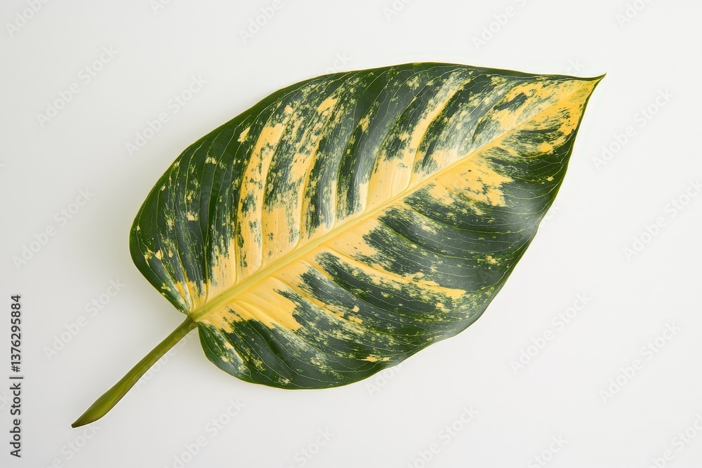 Poster a single variegated leaf featuring multiple colors over a white background