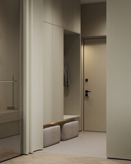 3d illustration. Entrance hall in the apartment with wardrobe. Entrance door.