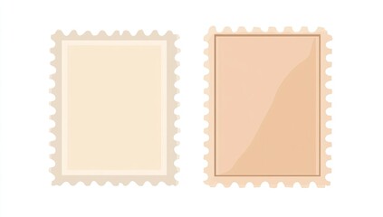 Two blank postage stamps, light beige and peach, with decorative border