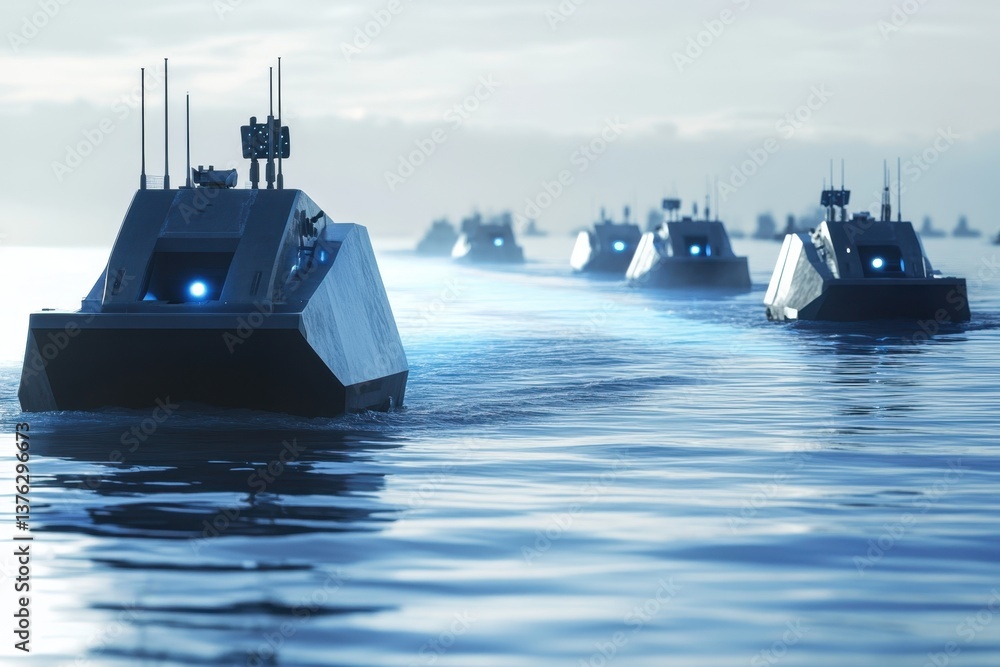 Poster advanced robotic boats navigate calm waters during a serene sunset in a modern setting