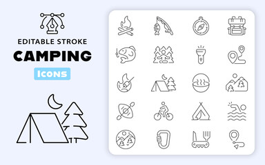 Camping vector icons. Camping icon set. Holiday, vacation, hiking, fishing, travel, camping related icons. Thin line editable stroke