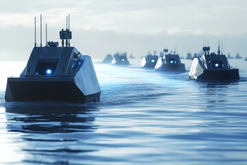 Advanced robotic boats navigate calm waters during a serene sunset in a modern setting