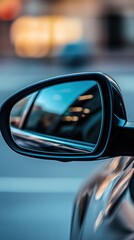Urban Glimpse, A Car's Wing Mirror Reflecting City Life in Soft Focus