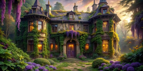 Enchanted Stone Mansion, Overgrown with Lush Vines and Vibrant Flowers at Golden Hour