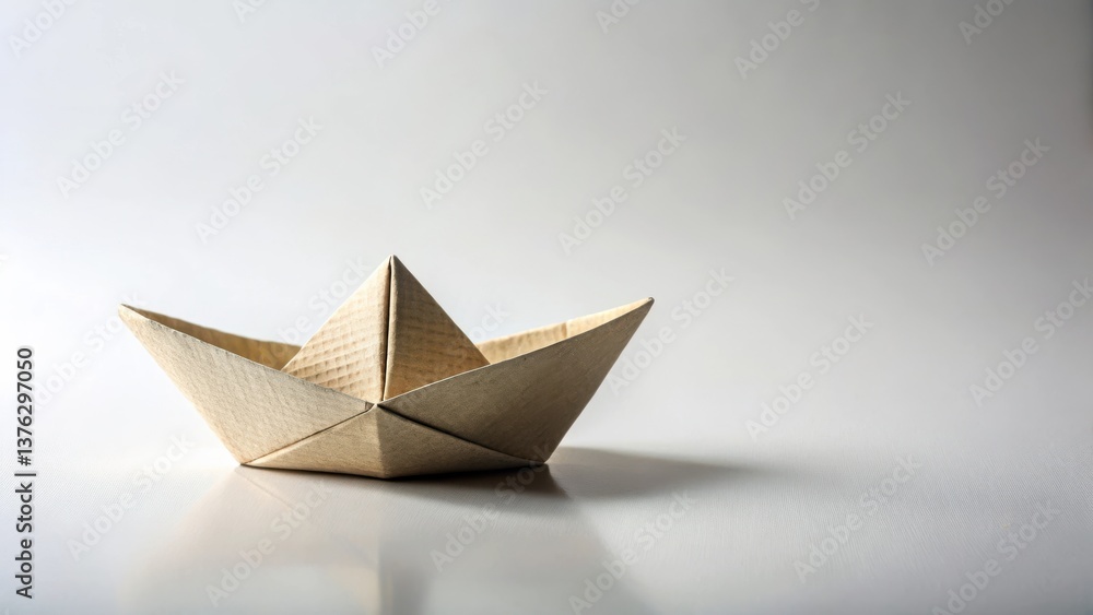 Poster a carefully folded paper boat crafted from recycled material rests on a smooth surface reflecting it