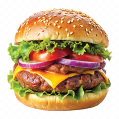 tasty and fresh beef burger with cheese and salad isolated on white background