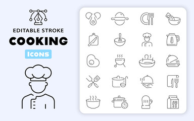 Cooking vector icons in line style. Fork, spoon and knife, chef hat, cutting board, hot pan, food, cooking related thin line icon collection. Editable stroke