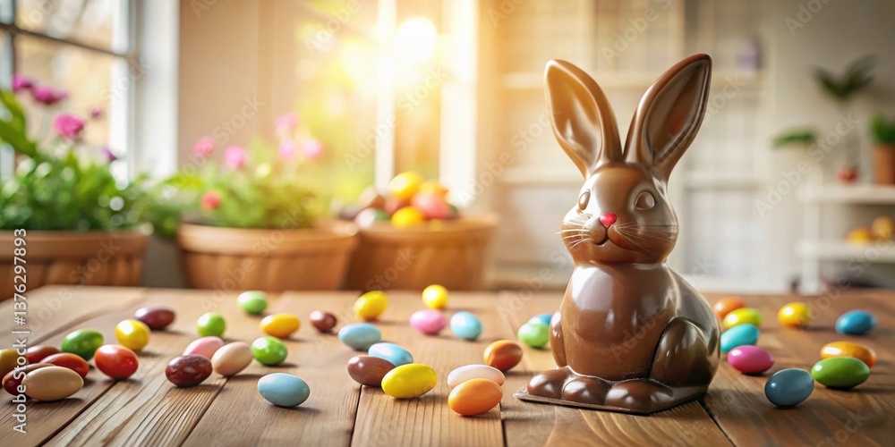 Poster A delightful chocolate bunny sits amidst colorful candy eggs on a rustic wooden table, bathed in the warm glow of a sunlit window, creating a charming springtime scene.