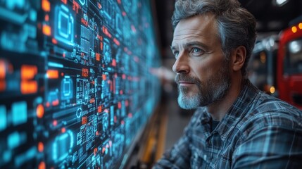 A logistics professional analyzes complex data displayed on a large screen, focusing on automation and mobility in a busy warehouse environment during working hours.