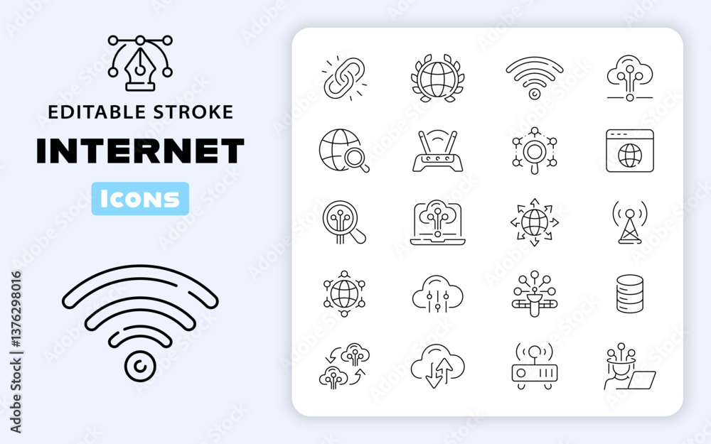 Poster internet vector icons. internet icon set in line style. network, website, computer, software, progre