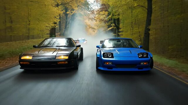 Black and Blue Cars Drift Down a Rain-Soaked Forest Road Generative AI