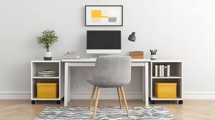 Minimalist modern home office workspace with desk and shelves
