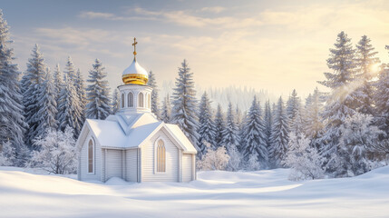 Fototapeta premium Serene Winter Orthodox church, snow covered landscape