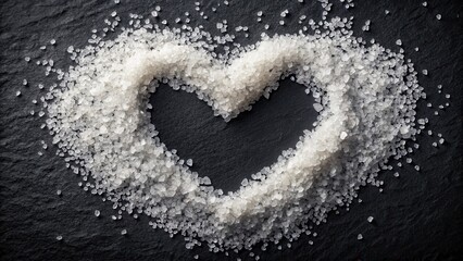 A heart-shaped arrangement of coarse sea salt crystals on a dark surface, a culinary symbol of love and seasoning