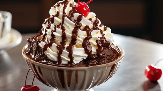 Indulgent chocolate brownie sundae lavishly topped with whipped cream chocolate syrup and a vibrant maraschino cherry served in elegant bowl