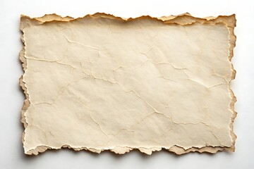 Fototapeta premium An ancient, brittle parchment whispers forgotten tales, its edges frayed with time, a creamy beige hue against a stark white backdrop.