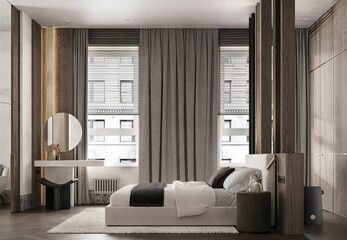 Modern luxury style bedroom interior with brown walls and a master bed. The space is accented by warm wood tones and a geometric rug