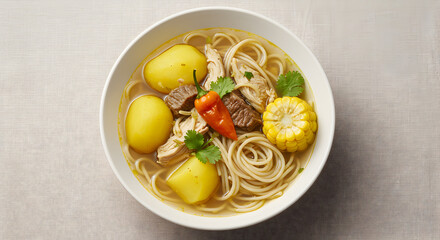 Peruvian Sopa a la Criolla noodle soup with meat, potato, and corn bowl dish