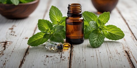Natural mint essential oil and fresh mint leaves displayed on a rustic wooden surface