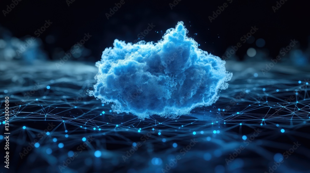 Poster digital cloud formation connected by glowing nodes and lines, representing technology, data flow, an
