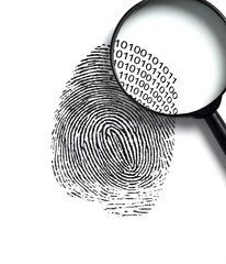 Fingerprint with a magnifying glass revealling a biometric code