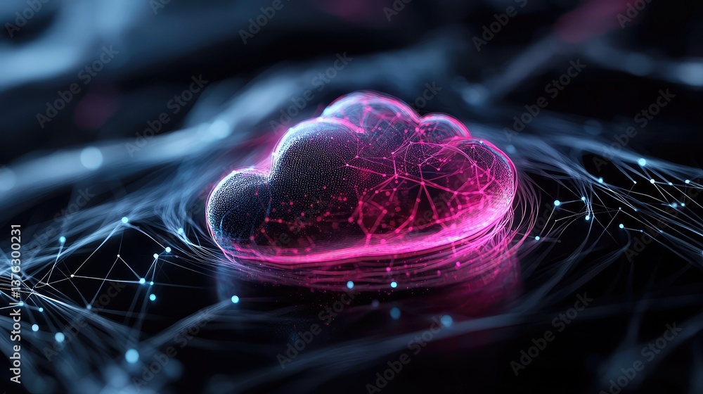 Poster abstract representation of a digital cloud surrounded by glowing connections and a network of data l