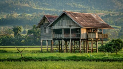 Obraz premium A rustic Khmer wooden house on stilts, set against a backdrop of rolling hills and rice paddies.