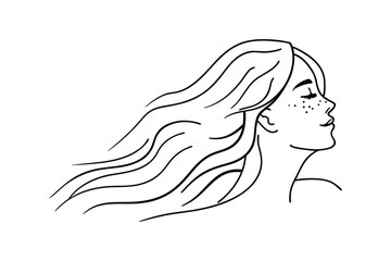 Freckled Woman Profile, Long Hair Blowing, Line Art, Minimalist Style