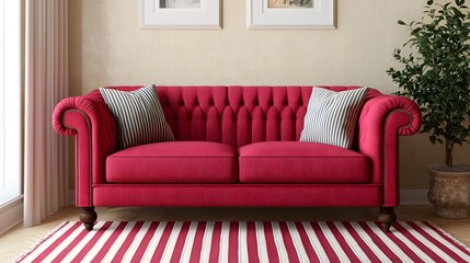 Fototapeta premium Red tufted sofa in a cozy living room