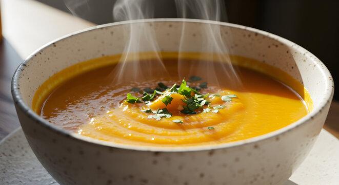 Steaming bowl of homemade pumpkin soup garnished with fresh parsley sprigs