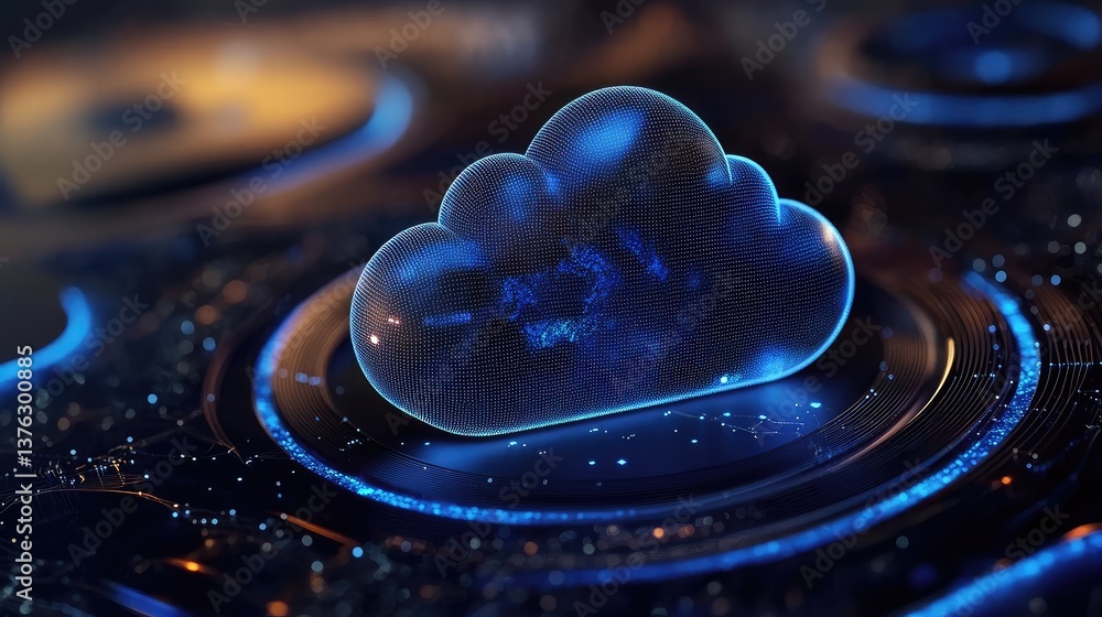 Poster futuristic cloud computing concept with glowing digital cloud icon on a dark background representing