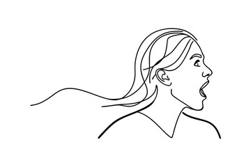 Astonished Woman, Online Drawing, Open Mouth, Shock, Surprise, Hair Blowing, Profile View, Fear, Em