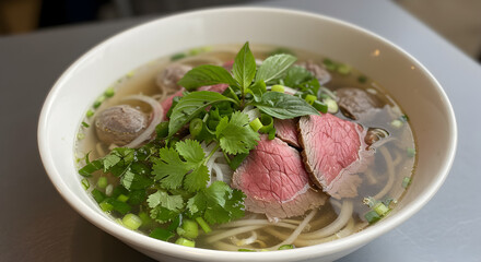 Exquisite bowl of Vietnamese Pho featuring rare beef and aromatic fresh herbs