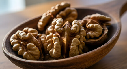 Obraz premium Nutritious walnut halves elegantly arranged on a rustic wooden spoon detail