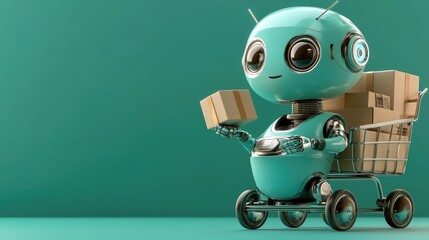 Cute and Friendly Robot Shopper with Cart Full of Boxes on Bright Turquoise Background, Ideal for Modern Retail, Technology, and Delivery Concepts in Stock Photography