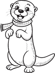 a happy otter standing on its hind legs. The otter has a playful smile and is wearing a scarf. Animal coloring book page design