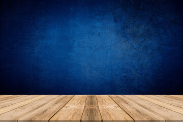 Wood table top on blue gradient abstract background - can be used for display or montage your products
