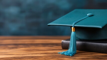 A close-up of a teal graduation cap resting on a dark book, set against a blurred backdrop, This image is ideal for education-related content, graduation announcements, or academic promotions,
