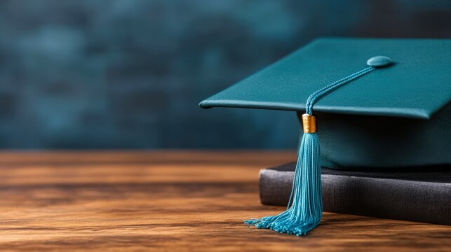 A close-up of a teal graduation cap resting on a dark book, set against a blurred backdrop, This image is ideal for education-related content, graduation announcements, or academic promotions,