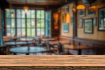 Wooden board empty table background. abstract blurred cafe background