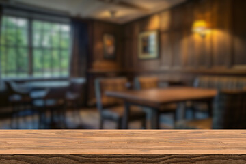 Wooden board empty table background. abstract blurred cafe background