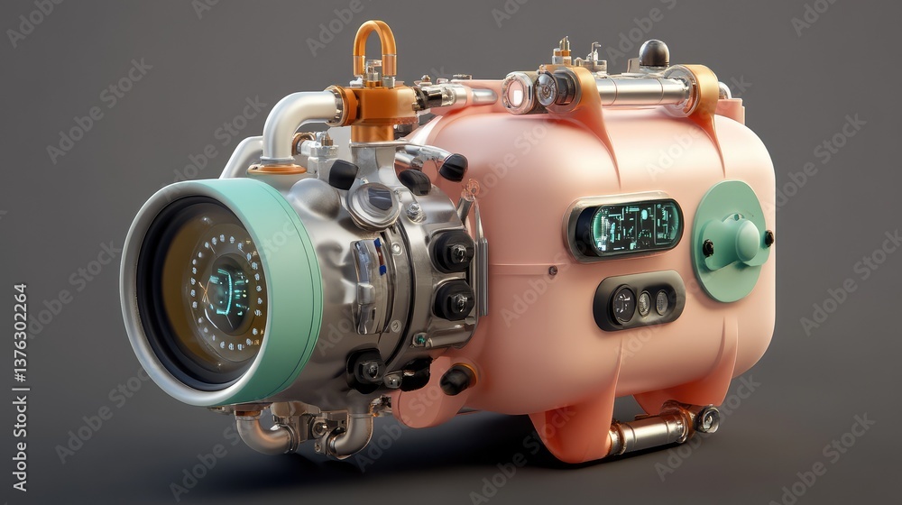 Poster futuristic engine concept with innovative design featuring a pink housing, intricate mechanical comp