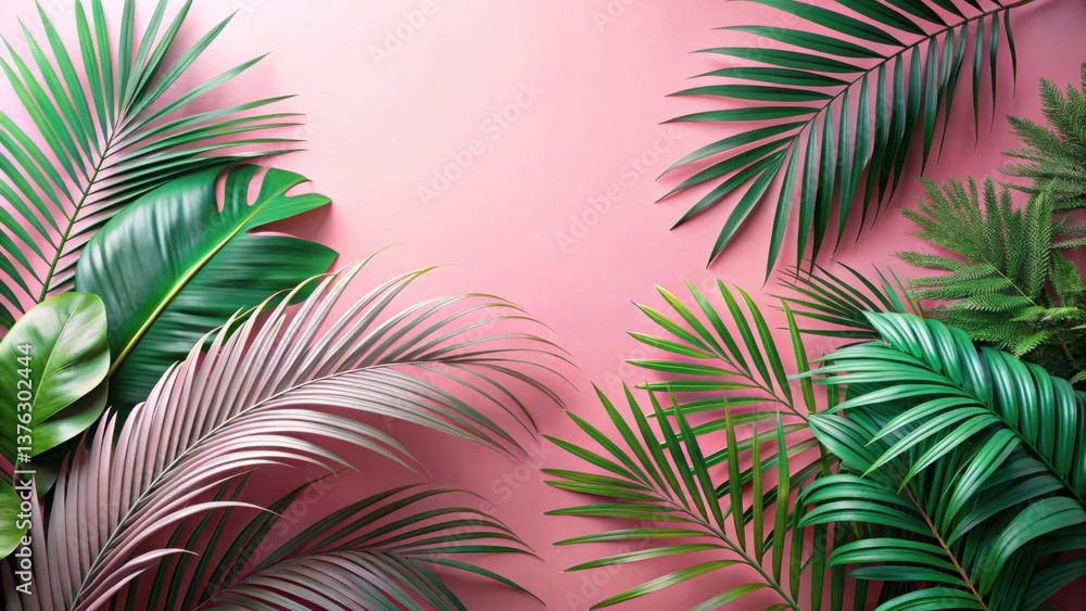 Poster vibrant tropical foliage arranged against a soft pink background, creating a luxurious and serene vi