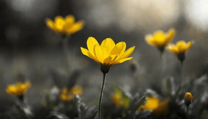 Obraz premium Yellow Flower Blooming in Meadow with Selective Color Technique Used