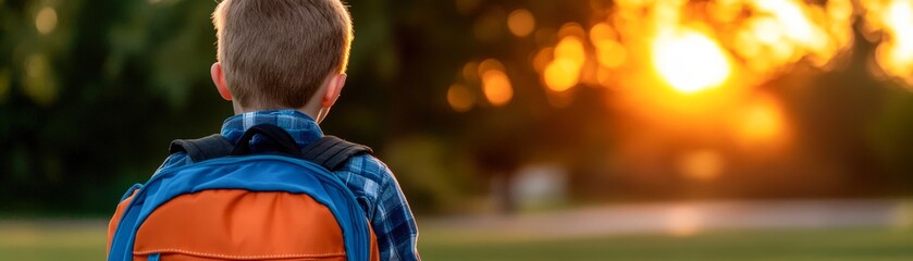 A child with a backpack stands facing a beautiful sunset, symbolizing new beginnings and curiosity, Ideal for educational themes, childhood, travel adventures, or inspirational content,
