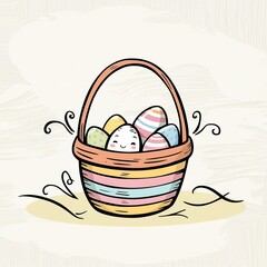 A whimsical hand-drawn clip artwork of an smiling face of a basket with eggs on a crisp white background, created in a vector style with bold lines, soft curves, and delicate pastel creamy textures.