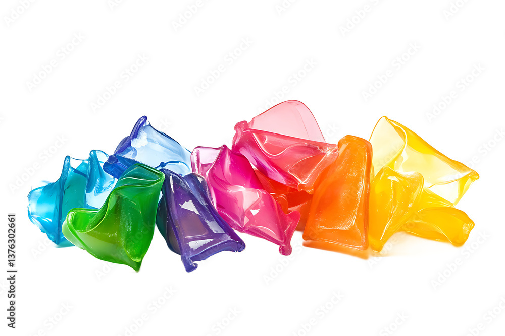 Poster a vibrant array of colorful plastic shapes arranged in a row against a black background studio shot